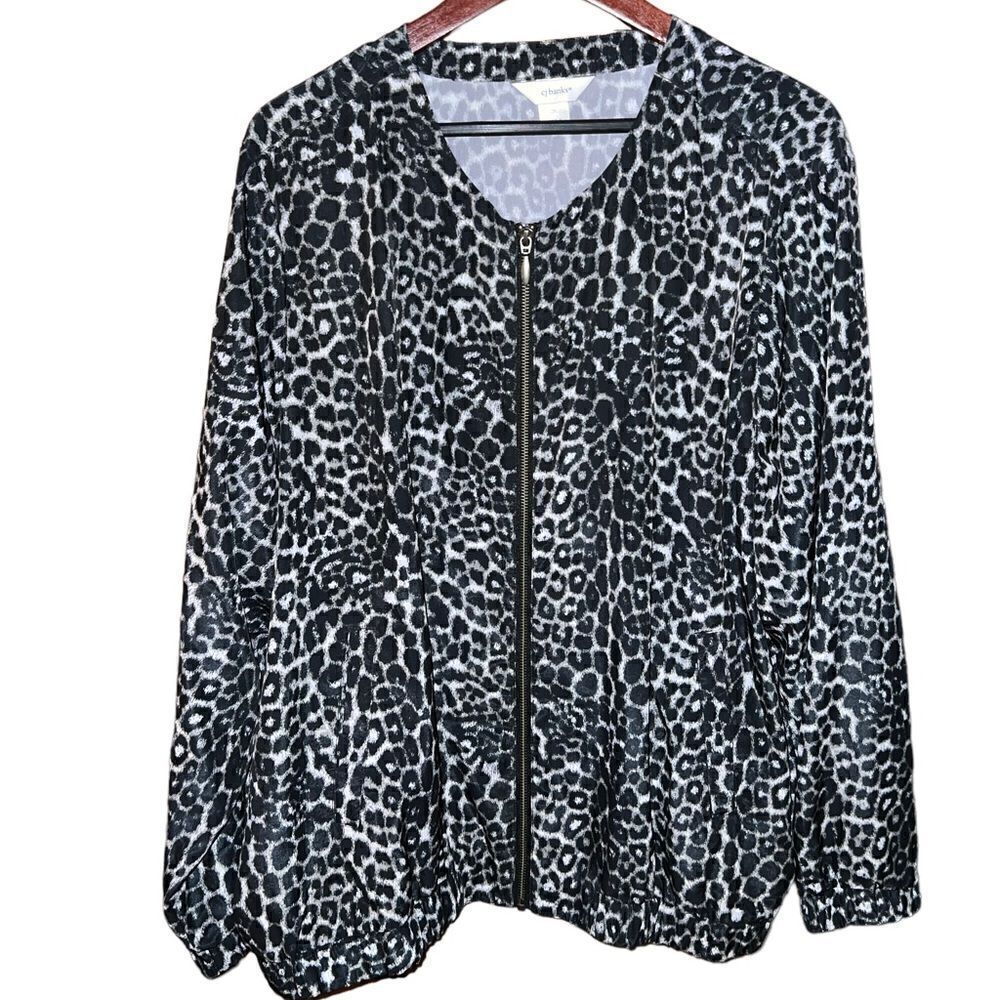 CJ Banks‎ leopard print maximalist satin like full zip long sleeve top size 3X